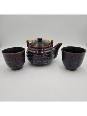 Simple Dining Asian Tea Set Tea Pot 2 Cups Strainer blue brown Pottery Ceramic